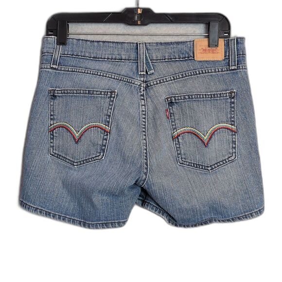 Levis Curvy Cut 528 Blue Denim Jean Shorts Rainbow Embroidered Pockets Junior 11 - Picture 1 of 7